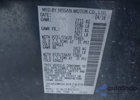 2016 Nissan Pathfinder Platinum/S/Sl/Sv z USA, uszkodzony, nr VIN 5N1AR2MM5GC647629